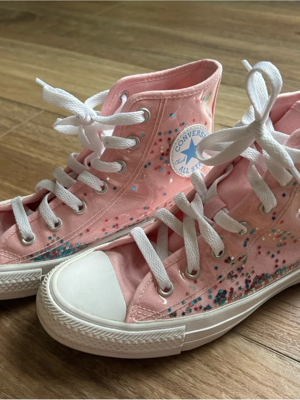 Converse Pink with Star Glitter Confetti High Top Sneakers big girls size 3.5